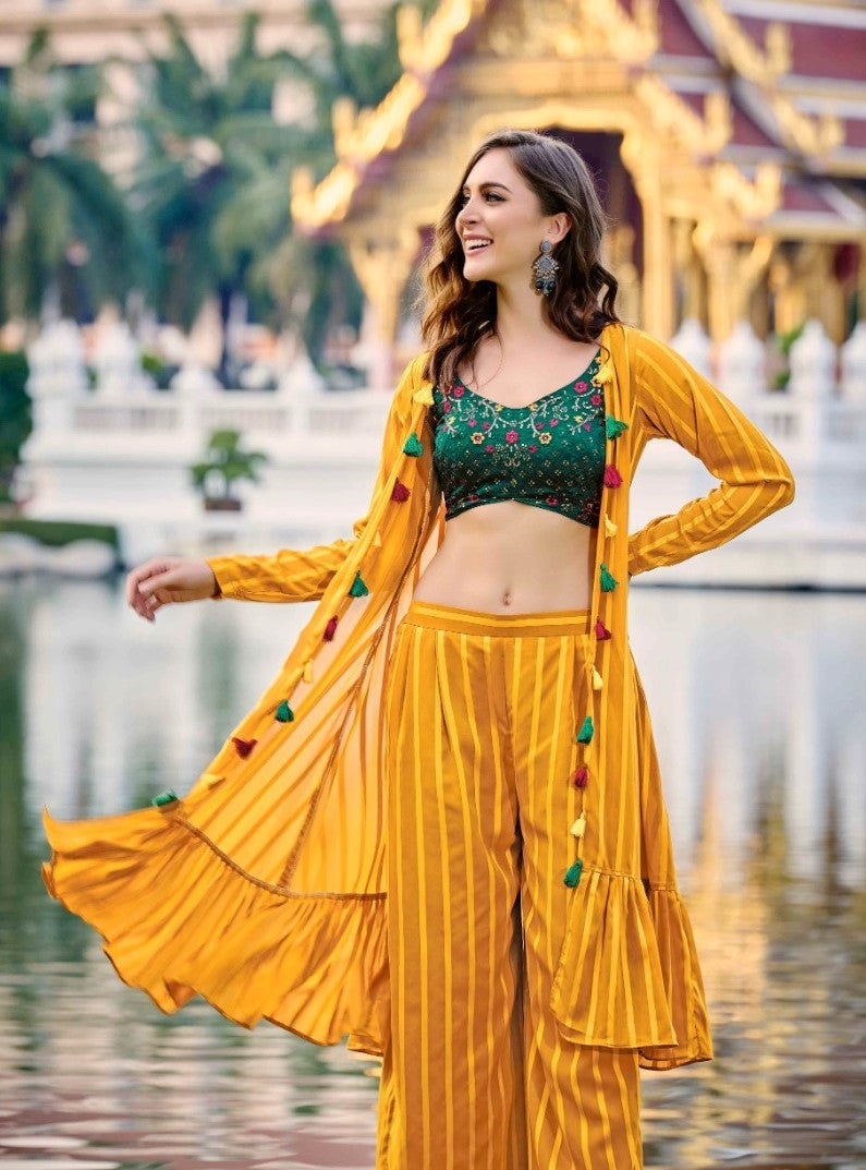 Green And Yellow Classy Indo Western With Stylish Koti