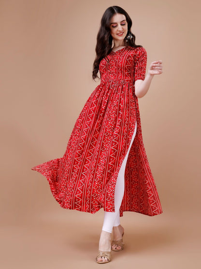 Red Colour Bandhani Naira Cut Kurta with Latkan For Women
