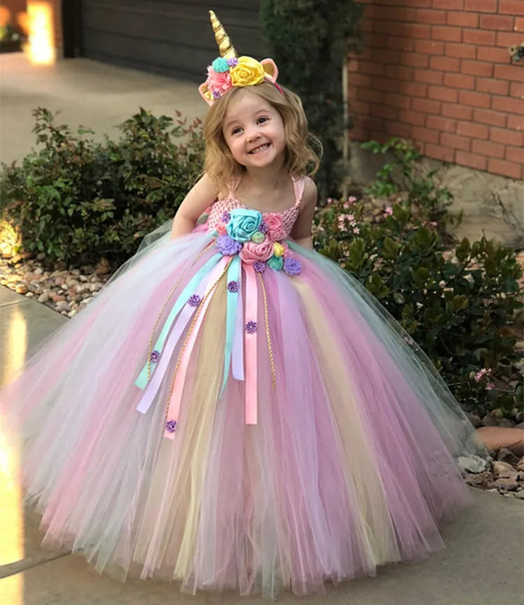 Girls Pastel Unicorn Flower Tutu Dress