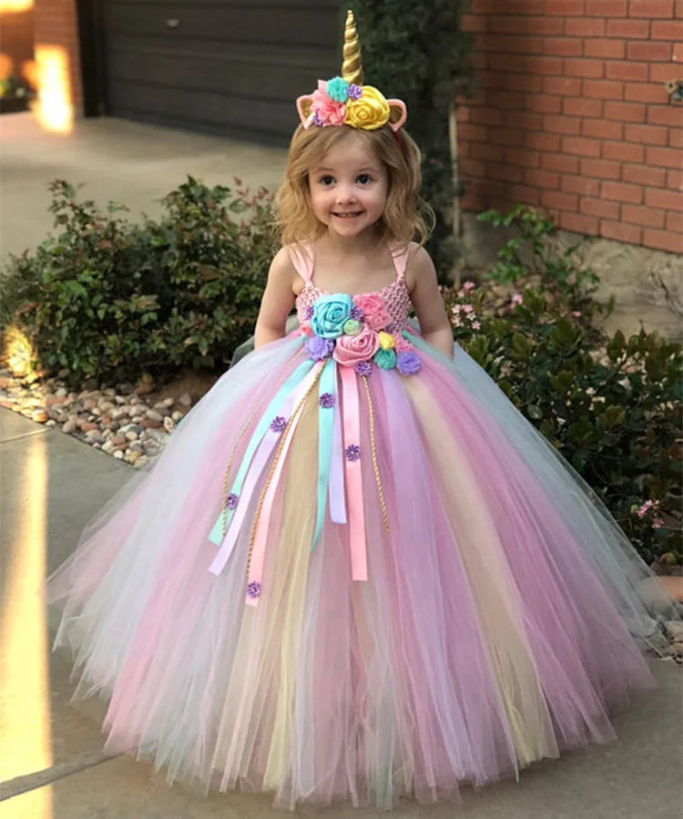 Girls Pastel Unicorn Flower Tutu Dress